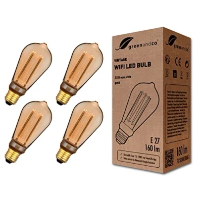 Afbeelding van 4x greenandco® WiFi smart LED lamp met app (geen hub nodig) Vintage Design E27 ST64, 3,8W 160lm 1800K 320 230V, geen flikkering, dimbaar, compatibel Alexa en Google Assistant