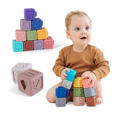 Afbeelding van Montessorispelletjes voor baby&#039;s vanaf 6 maanden Babyspeelgoed Siliconen spelletjes van 1, 2, 3 jaar 12 sensorische activiteitenblokjes leren en tandjes krijgen.