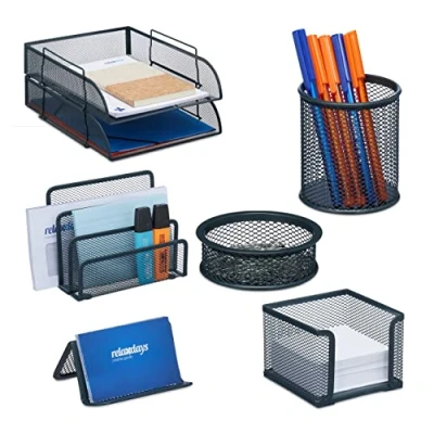 Afbeelding van Relaxdays Bureau organizer set 7 delig pennenbak brievenbak metaal antraciet