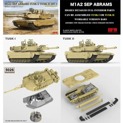 Afbeelding van 1:35 Rye Field Model 5026 U.S. Main Battle Tank M1A2 SEP Abrams TUSK I /TUSK II 2 in 1 with full interior Plastic Modelbouwpakket