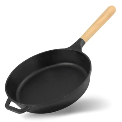 Afbeelding van 4BIG.fun Brizol gietijzeren pan, diameter 22 cm, 40 mm diep, ronde pan met houten handvat, inductie voor alle warmtebronnen