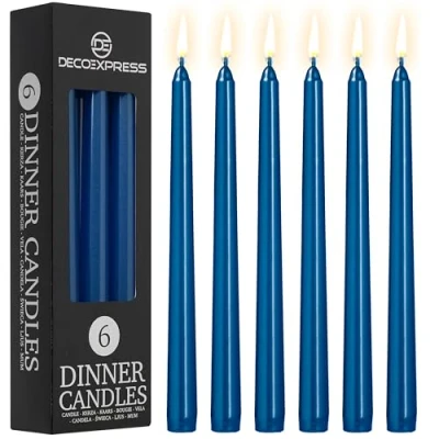 Afbeelding van DECO EXPRESS Kaarsen Set Klassieke Dripless Tapered Metallic Ongeparfumeerde 8H Brandtijd, Decoratieve Diner voor Restaurant Thuis Kerstmis (Metallic Blauw, 6 Pack)