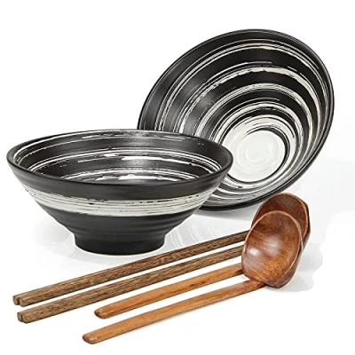 Afbeelding van Japanse Ramen Kommen, 1000 ml Keramische Kom Eetstokjes &amp; Lepels Set 2 Set, voor Soep Pasta Dessert Rijst Noedels Fruit Salade (C) Merk: Noble Creëer een prototype