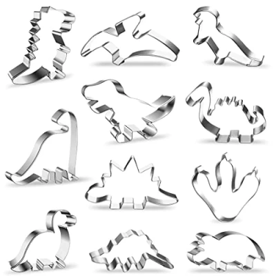 Afbeelding van JOJOR Cookie Cutters, 11 stuks dino Cutters groot, dinosaurus uitsteekvorm van roestvrij staal, DIY fondant koekjesuitstekers voor kinderen verjaardag party decoratie