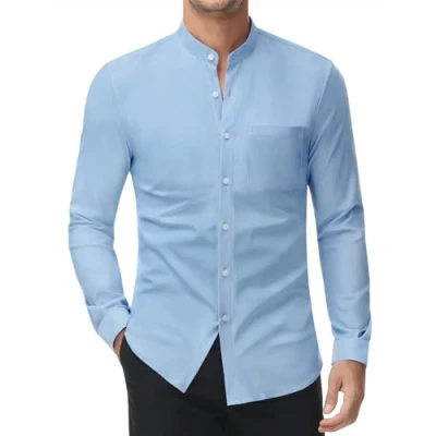 Afbeelding van DEMEANOR Stretch overhemd zonder kraag heren lange mouwen opstaande business overhemden slim fit vrijetijdshemd staand hemd, hemelsblauw, S