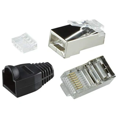 Afbeelding van odedo 20x RJ45 krimpstekker CAT 6 metaal afgeschermd met inrijghulp en knikbescherming huls zwart. Netwerkstekker