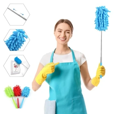 Afbeelding van Vicloon 3 pack uitschuifbare microvezelstofjes, wasbare stofborstel met telescopische paal tot 75 cm, microvezel vederstofborstel voor thuis/kantoor reiniging