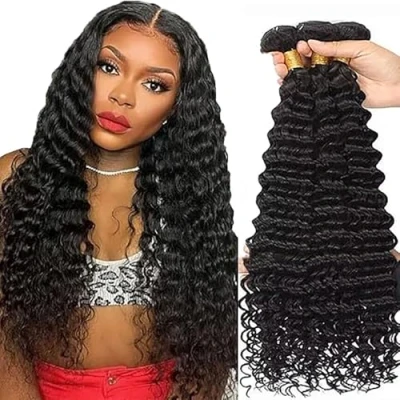 Afbeelding van Tuheerst Sew in Hair Extension Human Bundles Deep Wave Natural Black Real Extensions 3 Bundle Double Weft Remy Minimal Shedding 26 Inch