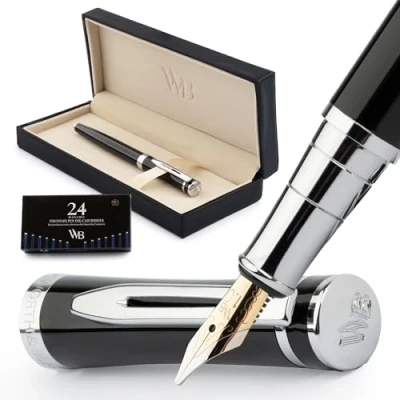 Afbeelding van Wordsworth &amp; Black Vulpenset, gebogen punt, inclusief 24 inktpatronen, zuigerconverter en geschenkdoos, verchroomd, kalligrafie, chroom zwart