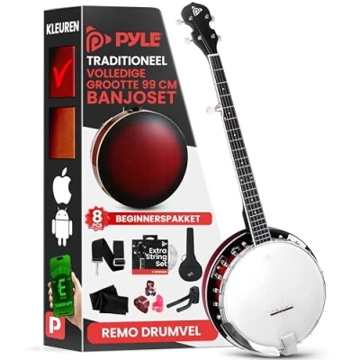 Afbeelding van Pyle 5 String Resonator Banjo Full Size 24 Bracket, Geared 5th Tuner Professional Instrument w/Remo Drum &amp; Hardwood Back Beginner Starter Kit Gig Bag, Tuner, Strings, Picks, Strap, tools