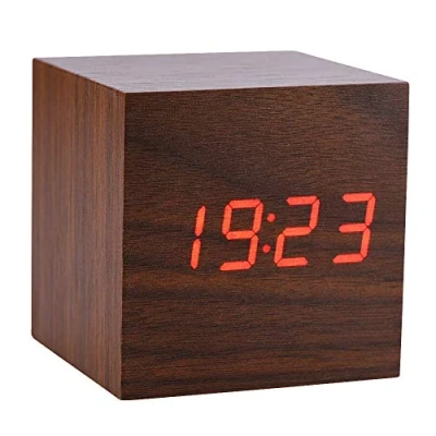 Afbeelding van Digitale led wekker, houten klok voor slaapkamer moderne kubus 3 niveaus helderheid temperatuur display met spraakbediening (bruin)