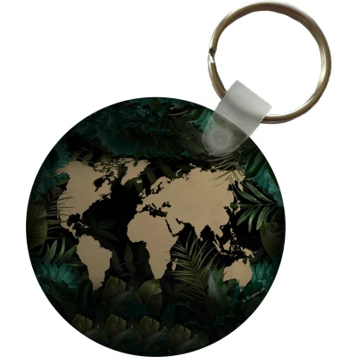 Afbeelding van Sleutelhanger Wereldkaart Bruin Bloemen Plastic Rond Uitdeelcadeautjes