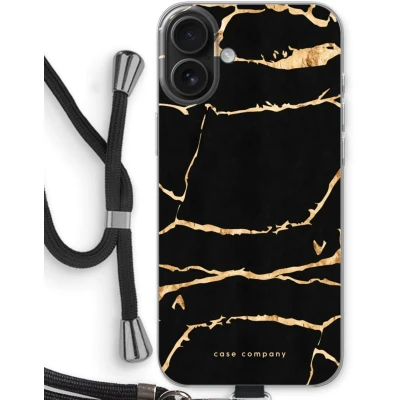 Afbeelding van Case Company® hoesje met Koord geschikt voor iPhone 16 Plus Gouden marmer Telefoonhoesje Zwart Bescherming aan alle Kanten en Over de Schermrand
