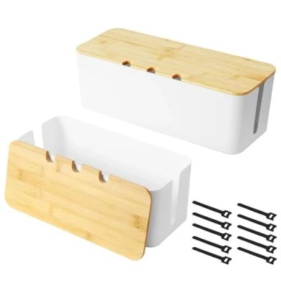 Afbeelding van 2 stuks kabelbox, kabelmanagementbox, kabelorganizerbox met houten deksel, kabelorganisatorbox voor het verbergen en ordenen van kabels, kabelorganizerbox, groot middelgroot