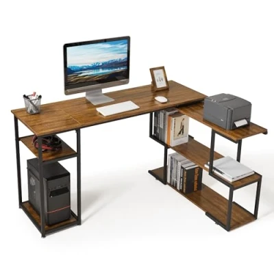 Afbeelding van Mondeer L vormig computerbureau, hoekbureau, 360 draaibare planken en verstelbare opbergplanken, ruimtebesparend voor thuiskantoor, studio werkstation, rustiek bruin