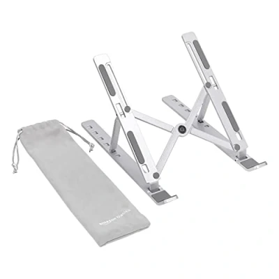 Afbeelding van Amazon Basics Laptopstandaard, verstelbaar, ergonomisch, met warmteafvoer, traploos in hoogte en hoek ideaal voor een laptop tot 43,9 cm (17,3 inch), 23.9 x 16.5 3.9 cm, zilver