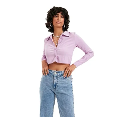 Afbeelding van Trendyol Marineblauwe Aansluitende Polo Halsomslag/Getextureerde Crop Gebreide Blouse Twoaw22Bz0241