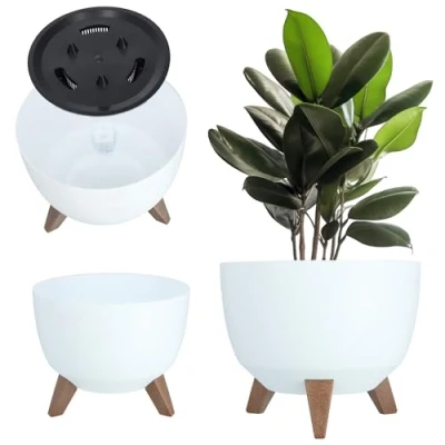 Afbeelding van KADAX Bloempot van kunststof met drie insteeksteunen, ronde bloemenschaal, plantenbak, bloembak, plantenbak voor balkon, woonkamer (diameter 29 cm, wit)