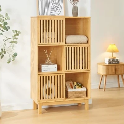 Afbeelding van [en.casa] Bamboe boekenkast Ypäjä staand rek 6 opbergvakken schap multifunctionele kast met 3 decoratieve schuifdeuren voor woonkamer kantoor 126x76x32,5 cm naturel