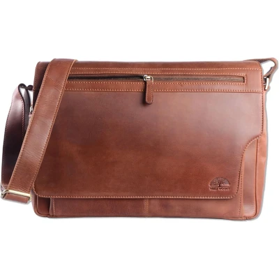 Afbeelding van WILD WOODS Leren Messenger Schoudertas 15,6 inch Laptoptas Unisex Ronding uit Flap Pull up Leer Cognac