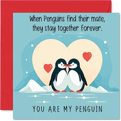 Afbeelding van Penguin Valentines Anniversary Card Penguins In Love Leuke romantische kaart voor vriendin vriend vrouw echtgenoot partner hem haar, 145 mm x verjaardag wenskaarten