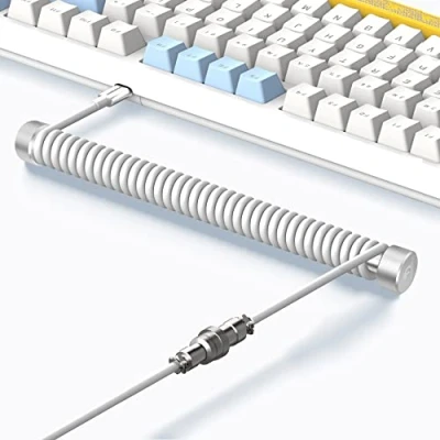 Afbeelding van MAMBASNAKE Custom Opgerolde Toetsenbord Kabel en Aviator Cable Winder Set Fixed Rod Metal Weight Bar + TPU Coiled USB C met Luchtvaart Connector voor Gaming Keyboard Wit