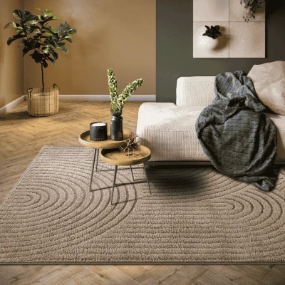 Afbeelding van ELLE Decoration Panglao Modern hoogpolig tapijt, woonkamertapijt, wollig, hoog laag effect, Skandi, boho, geometrisch golven, boog, voor woonkamer, slaapkamer, keuken, taupe, 80 x 120 cm
