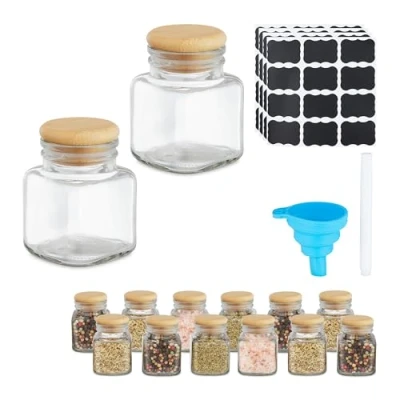 Afbeelding van Relaxdays kruidenpotje set van 14 vierkant 100 ml etiketten glazen potje s