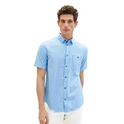 Afbeelding van TOM TAILOR Heren 1036213 hemd, 31770 Blue Herringbone Structure, XL, XL
