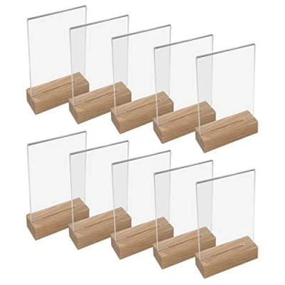 Afbeelding van HMF 46940 acryl tafelstandaard met houten voet, 10 stuks, DIN A6 staand formaat, doorzichtig