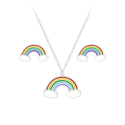 Afbeelding van Zilveren regenboog kinderoorbellen en ketting oorknopjes meisje zilver kinderketting kindersetje oorstekers kindersieraden sets Zilverana Sterling 925 Silver