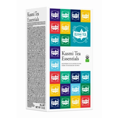 Afbeelding van Kusmi Tea Biologische Essentials Set Cadeau idee Prins Vladimir, Anastasia, BB Detox, Groene thee met munt, AquaRosa, AquaSummer, Tropical White 24 zakjes van chiffon