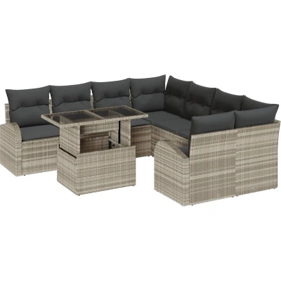 Afbeelding van vidaXL 9 delig tuinbankstel met kussens lichtgrijs poly rattan