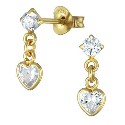 Afbeelding van JoyS Zilveren petit hartje oorbellen 4 x 13 mm zirkonia 14k goudplating kinderoorbellen