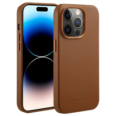 Afbeelding van Apple iPhone 14 Pro MagSafe Hoesje Echt leder Accezz Backcover Bruin Telefoonhoesje