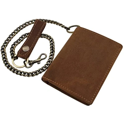 Afbeelding van myledershop Echt buffel volleren bikerportemonnee, portemonnee, portemonnee met metalen ketting doodskop motief of Zonder motief, RFID en NFC bescherming, motief/bruin,
