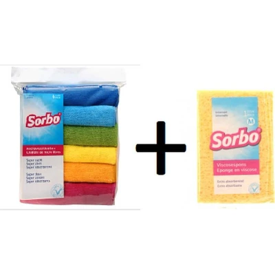 Afbeelding van Sorbo Assorti Microvezeldoek Poetsdoek 6 Stuks/Multicolor + Viscose Spons Poetsspons Medium Maat
