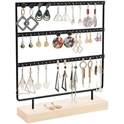 Afbeelding van iYInJuan Sieradenstandaard, oorbelhouder, oorbelstandaard, 3 dieren, metalen organizer met stabiele houten basis, oorstekers, oorsieraad display, sieradenopslag, gemakkelijk in te nemen, zwart