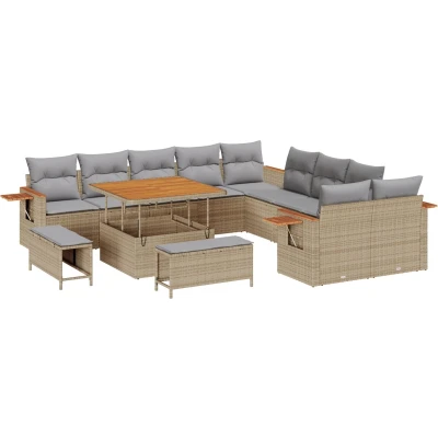 Afbeelding van vidaXL 13 delig tuinbankstel met kussens Beige Poly riet Acacia, 3 tuin eetset Acacia