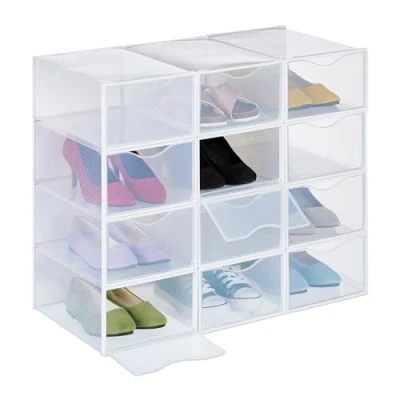 Afbeelding van Relaxdays schoenenbox, set van 12, stapelbaar, tot maat 45, schoenen organizer met ventilatiegaatjes, transparant