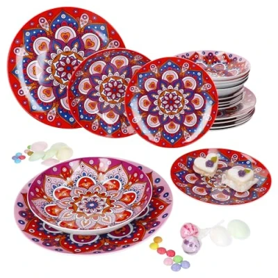 Afbeelding van MamboCat Bayram Roze rood 18 delige bordenset aardewerk servies met oosters mandala patroon voor 6 personen I x platte borden, soepborden 400 ml en taartborden in roze, paars