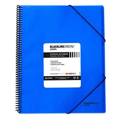 Afbeelding van Grafoplas 39833230 Spiraalmap met 30 hoezen, blauw, polypropyleen deksel, A4, Maxiplás Blackline glas
