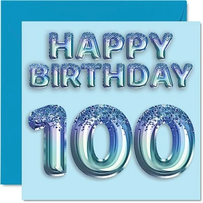 Afbeelding van 100e verjaardagskaart voor mannen blauwe glitter feestballon gelukkige verjaardagskaarten 100 jarige man overgrootvader opa papa Gran, 145 mm x honderdhonderdste wenskaarten cadeau