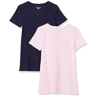 Afbeelding van Amazon Essentials Dames Classic Fit T shirt met korte mouwen en V hals, verpakking van 2 stuks, marineblauw/lichtroze, XS