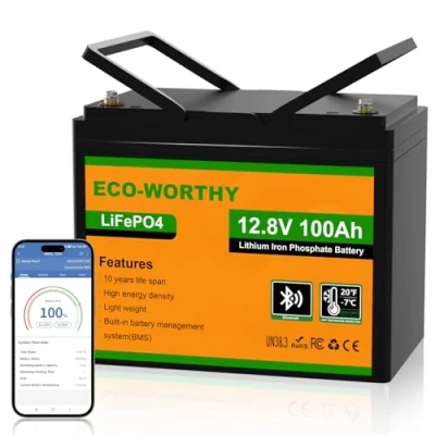 Afbeelding van ECO WORTHY Bluetooth lithiumbatterij, 12 V, 100 Ah, LifePO4 accu met bescherming tegen lage temperaturen, intelligente BMS, 1280 Wh energie, voor caravans, campers, zonnesystemen, vissen