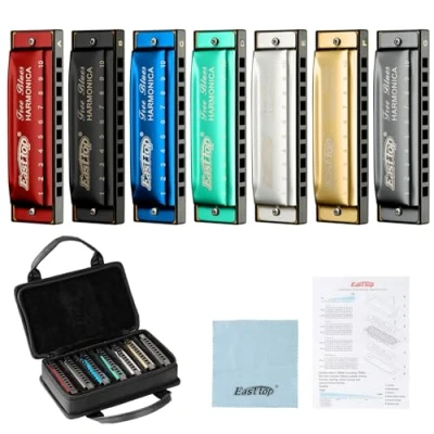 Afbeelding van Professionele Top 10 Hole Blues mondharmonica set, 7 verpakte toetsen, A, B, C, D, E, F, G toetsen