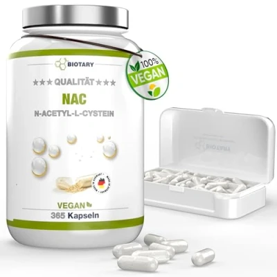 Afbeelding van NAC N acetyl L cysteïne, 365 capsules, 12 maanden voorraad, inclusief pillendoos, vitamine C, veganistisch, laboratoriumgetest