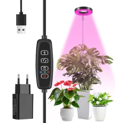 Afbeelding van led plantenlamp, volledig spectrum, plantenlicht voor kamerplanten, 3 lichtmodi en 10 helderheidsniveaus, in hoogte verstelbare plantengroeilamp met timer, 3/9/12 uur, USB adapter