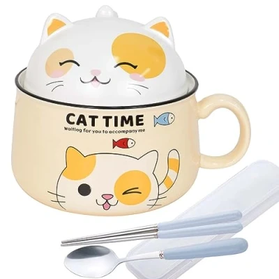 Afbeelding van Ramenkom, Japanse ramenbowl set, kommenset, 1020 ml, kom, kom met deksel, keramische instant noedelschaal, soepkom, dessertkommen, noedels, soep (geel)