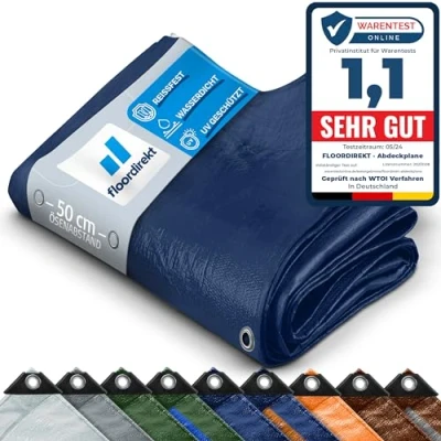 Afbeelding van Floordirekt Afdekzeil, zeildoek, beschermend zeil, bootzeil, tentzeil voor camping en outdoor, tuin, waterdicht, met ringen, verschillende maten kleuren, 2 x 3 m, 240 g/m², blauw